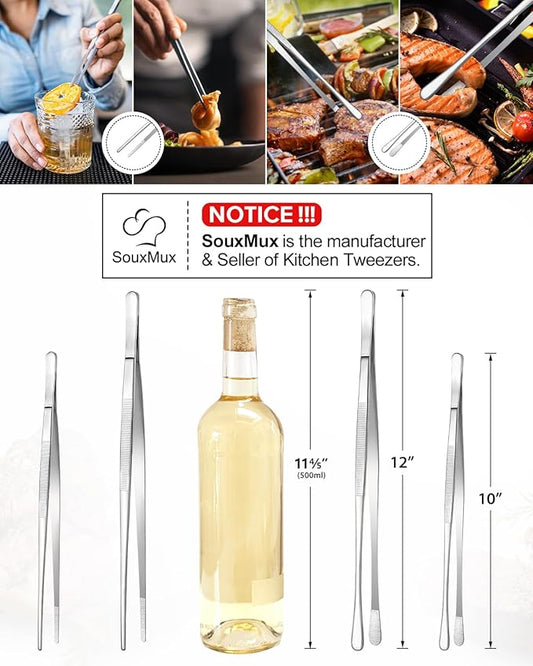 2 Pcs 12-inch Cooking Tweezers Tongs Precision Serrated Tips, Stainless Steel Professional Chef Tweezer Kitchen Tools for BBQ, Plating and Serving(Silver)