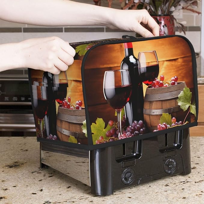 Red Wine Glass Grapes Theme 2 Slice Toaster Cover Wide Slot Dustproof Bread Maker Cover Fingerprint Protection Kitchen Appliance Cover Toaster Bag