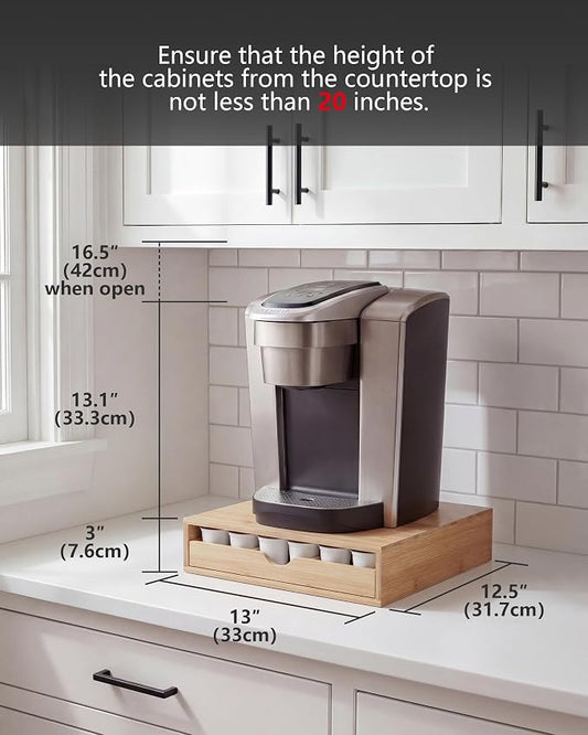 Bamboo Coffee Pod Drawer Organizer Compatible with K-Cups, Under Cabinet Coffee Station Storage Rack, Natural Wood Capsule Holder for 36 Pods, Countertop Coffee Machine Stand
