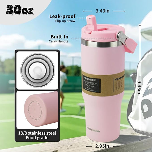 30oz Flip Straw Insulated Tumbler with Handle, Leak Proof Stainless Steel Water Bottle, Double Wall Vacuum Travel Coffee Mug for Cold Drinks, Gym Office Travel Essentials