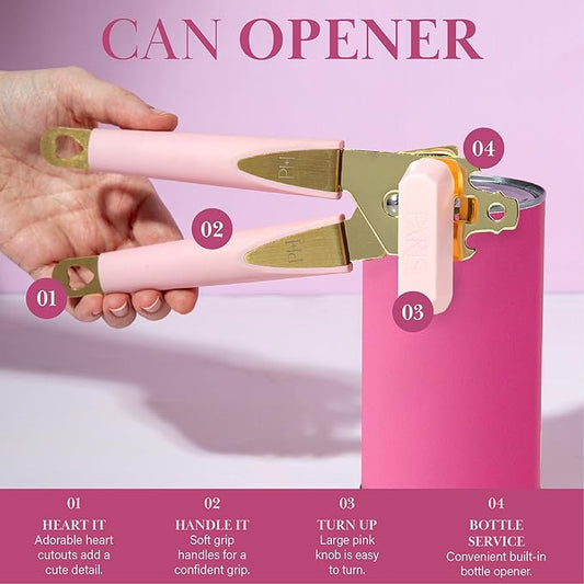 Paris Hilton Can Opener with Built-In Bottle Opener, Easy-Turn Knob & Soft-Grip Handles for Iconic Kitchen Convenience, Pink and Gold
