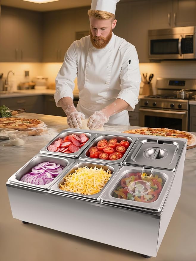 Pizza Topping Station Pizza Storage Container Topping containers with Lids Spoon Condiment Organizers Buffet Containers Set for Restaurant Pizza Sauce Jam Fruit Ingredient (6 Pans)