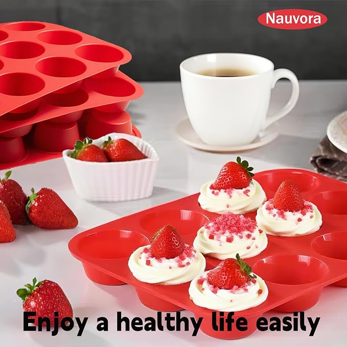 Silicone Muffin Tray - 12 Cups Cupcake Pan, NonStick Flexible Silicone Muffin Cups for Blueberry Muffin, Chocolate Cupcake, Egg Bite, BPA Free, Dia 2.36 Inches 4.5mm Thickness, 2 Pack