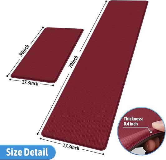 StepLively Kitchen Mat, 2 PCS Kitchen Rugs, Cushioned Kitchen Mats for Floor, Anti Fatigue Kitchen Rug Set, Non-Skid Standing Mat for Kitchen, Office, Sink, 17.3"x30"+17.3"x70", Red