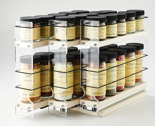 Vertical Spice Cabinet Mounted Spice Rack Drawer - Pull Out Cabinet Organizer - Cupboard Organizers & Storage - Pantry Shelf -45 Half Sized Jars, 3 Drawers, 2 Tiers (6.9" W x 9.25" H x 10.6" D, Cream)