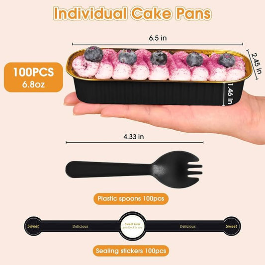 100 Pack Mini Cake Pans with Lids and Spoons, Disposable Aluminum Foil Cake Tins(6.8oz) Individual Small Cake Baking Containers for Party, Wedding, Birthday