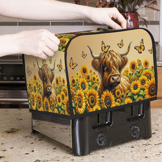 4 Slice Flower Highland Cow Toaster Cover Waterproof Dust Fingerprint Bread Machine Cover Washable Kitchen Appliance Protector For Home Kitchen Bakeware Table Decor Women Gifts