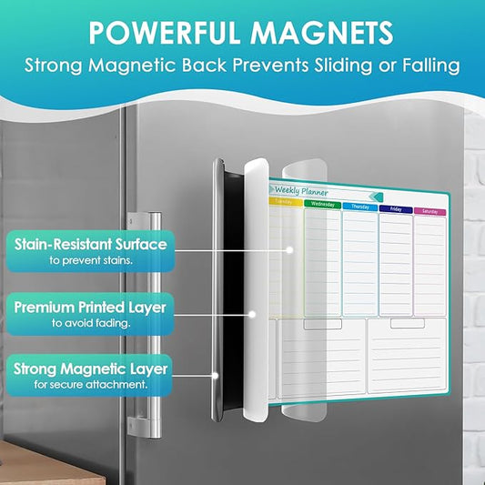 MaxGear Weekly Dry Erase Board for Fridge, 16"x12" Magnetic Calendar Whiteboard Planner for Refrigerator with Stain Resistant Technology, Include 7 Fine Point Markers and 1 Eraser