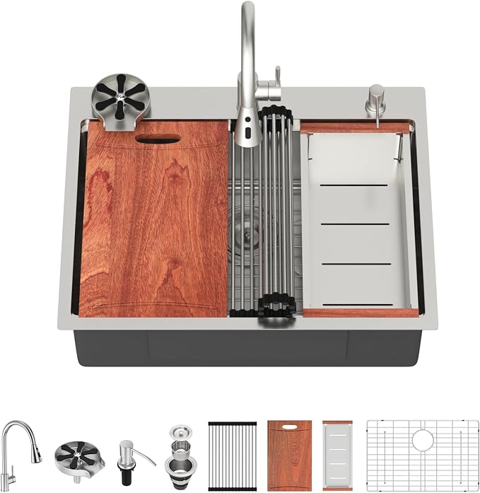 Lordear 28 Inch Drop In Kitchen Sink with Faucet 16 Gauge Stainless Steel Single Bowl 28x22x9 Topmount Kitchen Sink with Glass Rinser Workstation Sinks with Soap Dispenser