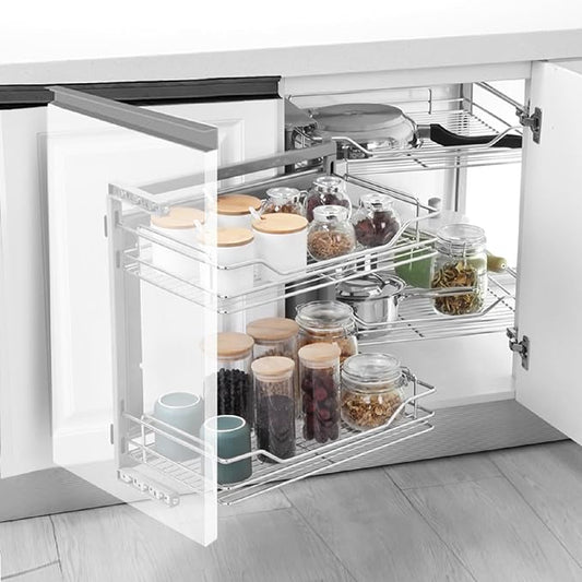 Gdrasuya10 Stainless Steel Blind Corner Cabinet Pull Out Organizer, 2 Tier Corner Pull Out Cabinet Steel Slide Out Organizer Kitchen Deep Cabinet Storage Organizer Shelf for 16" Left Opening Door