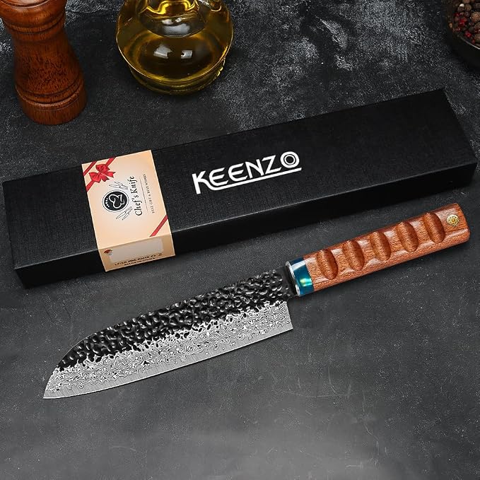KEENZO Damascus Santoku knife 8 inch,Professional kitchen knives,Sharp Damascus knife,Ergonomic rosewood handle with gift box for Home & Restaurant