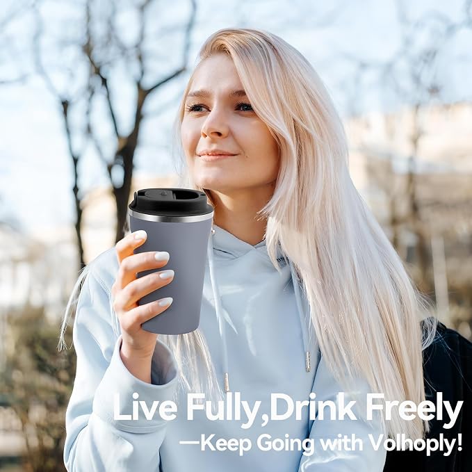Volhoply 12 oz Double Wall Insulated Vacuum Travel Coffee Mug with Flip Lid Bulk 8 Pack,Reusable Stainless Steel Leak Proof Coffee Cup,Portable Cafe Thermal Tumblers for Hot & Cold Drinks(Gray,8 Set)