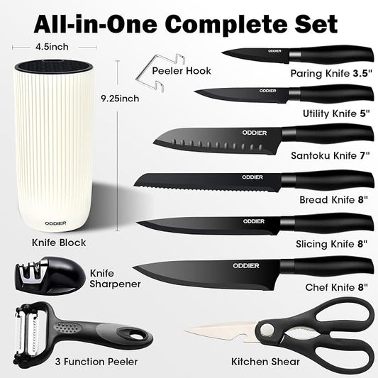 Knife Set, 10 Piece Kitchen Knife Set with Block and Sharpener, Anti-Rust Stainless Steel Knives Set for Kitchen, Chef Universal Knife Block Set, Dishwasher Safe, Ergonomical Design, White