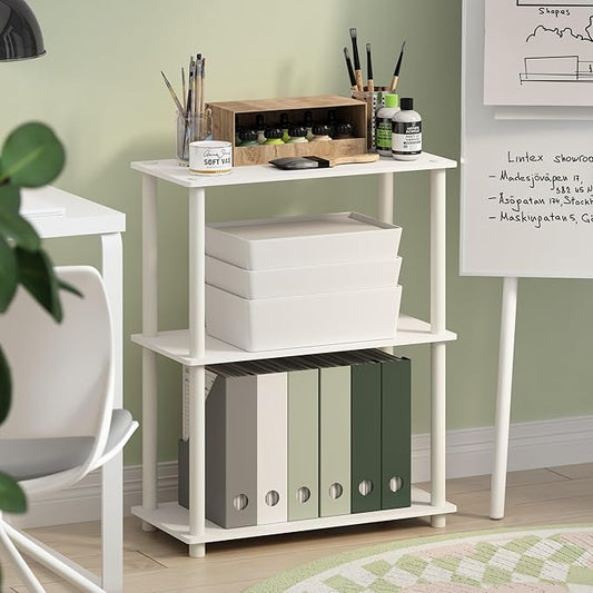 Furinno Turn-N-Tube Storage Shelves, 3-Tier Book Shelf, Corner Shelf, Toolless Open Shelves, for Organization and Storage, Living Room, Garage, Home Office, White