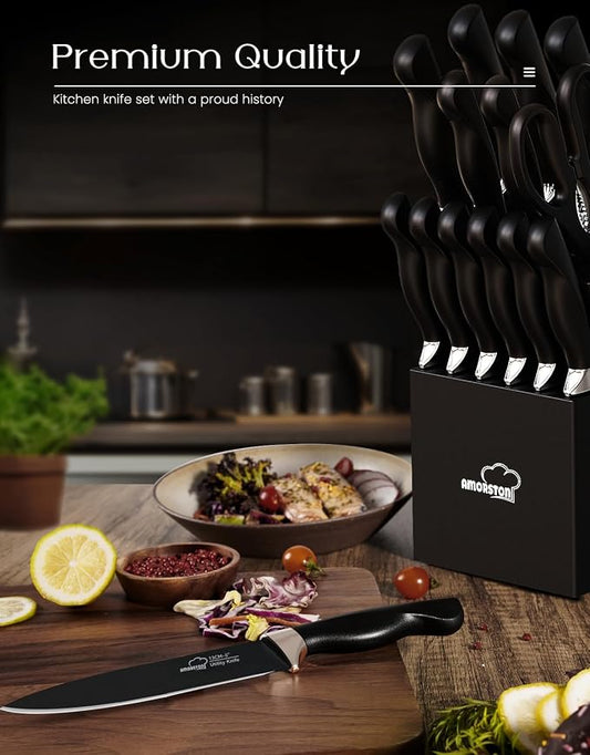 Amorston Knife Set, 15 Piece Kitchen Knife Set with Block and Built in Sharpener, German Stainless Steel Dishwasher Safe Knife Block Set, Black Kitchen Knives Set for Home Cooking Fathers Day Gift