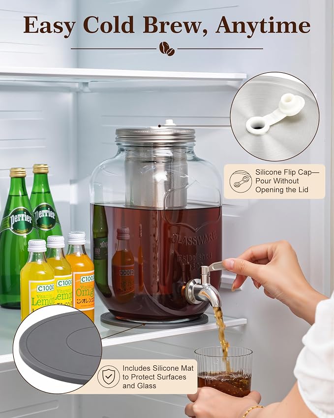 OneDream 1 Gallon Cold Brew Coffee Maker, Glass Cold Brew Pitcher with Stainless Steel Filter and Spigot, Iced Coffee Maker for Fridge with Silicone Vent Lid, Sun Tea Brewer