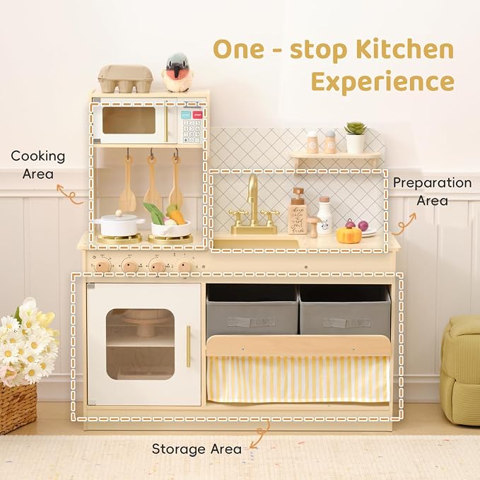 OOOK Wooden Pretend Play Kitchen Set with Storage System, Kids Play Kitchen with Plenty of Play Features, Toddler Kitchen Playset for Toddlers 3-5