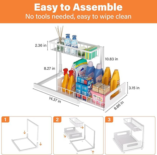 Under Sink Organizer 2 Tier, Pull Out Drawer Slides Under Sink Storage for Bathroom Kitchen,Multi-Purpose Drawer Under Cabinet Organizer for Cleaning Supplies (White, 2 Pack)