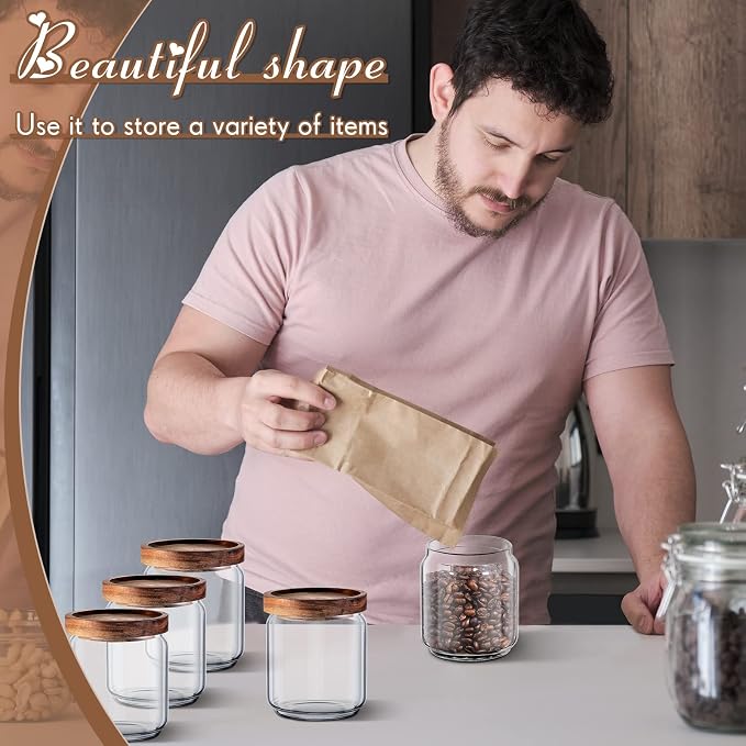 Irenare 16 Pack Glass Containers Canister Set, 17 oz Food Storage Spice Jars with Airtight Lids, Clear Kitchen Containers for Coffee Sugar Tea Beans Nuts Candy Pantry Organization (Wood)