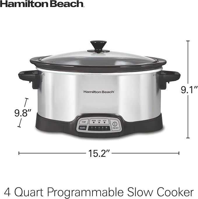 Hamilton Beach 4 Quart Programmable Slow Cooker with Flexible Easy Programming, 5 Cooking Times, Dishwasher-Safe Crock & Lid, Silver (33443)