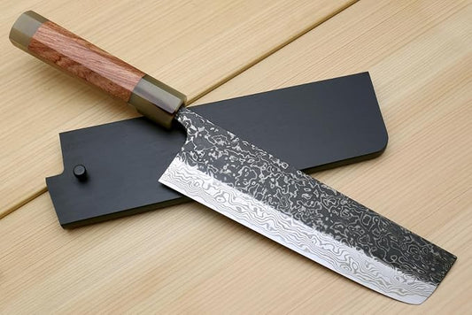 Yoshihiro Black-Forged High Performance SLD Damascus Steel Nakiri Vegetable Knife (7" (180mm), Ironwood Handle) (with Saya)