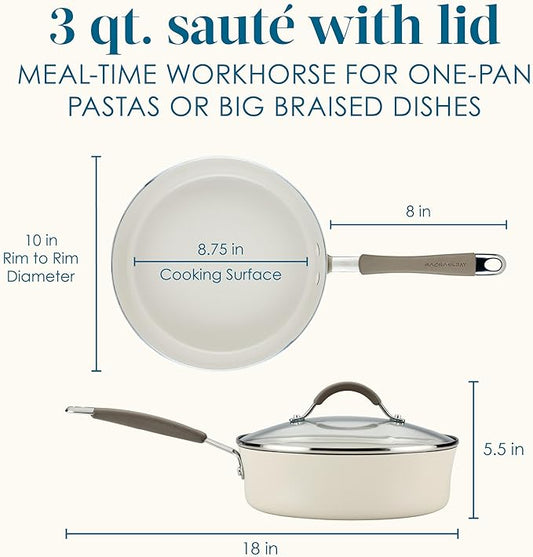 Rachael Ray Cucina Ceramic Nonstick Saute Pan with Lid, 3 Quart Non Stick Sauteuse Pan, Dishwasher Safe - Almond