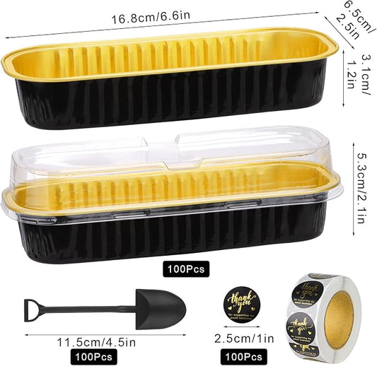 100Pack Aluminum Foil Mini Loaf Pans With Lids, 6.8 Oz Rectangle Baking Cups Muffin Tins,Disposable Pans Holders For Brownie Cake Bread -Black In Gold