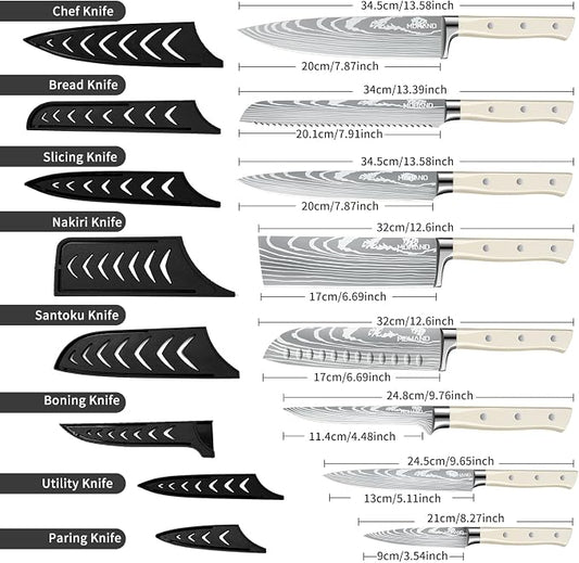 MDHAND Chef Knife Set with Roll Bag, 9PCS Professional Knife Set with Sharpener, High Carbon Stainless Steel Japanese Kitchen Knife Set - Forged Triple Rivet Handle, Dishwasher Safe, Chef Gifts, White