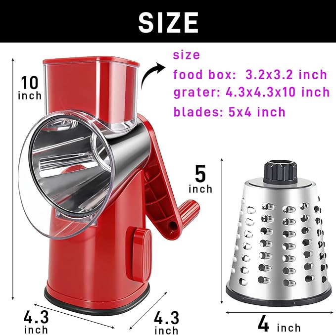 Weltonhm Rotary Cheese Grater with 4 Blades, Large Hand Crank Cheese Grater with Waffle Slicer, Black and White Cheese Slicer with Suction Base, Easier for Shredding& Grating (red, 4 Graters)
