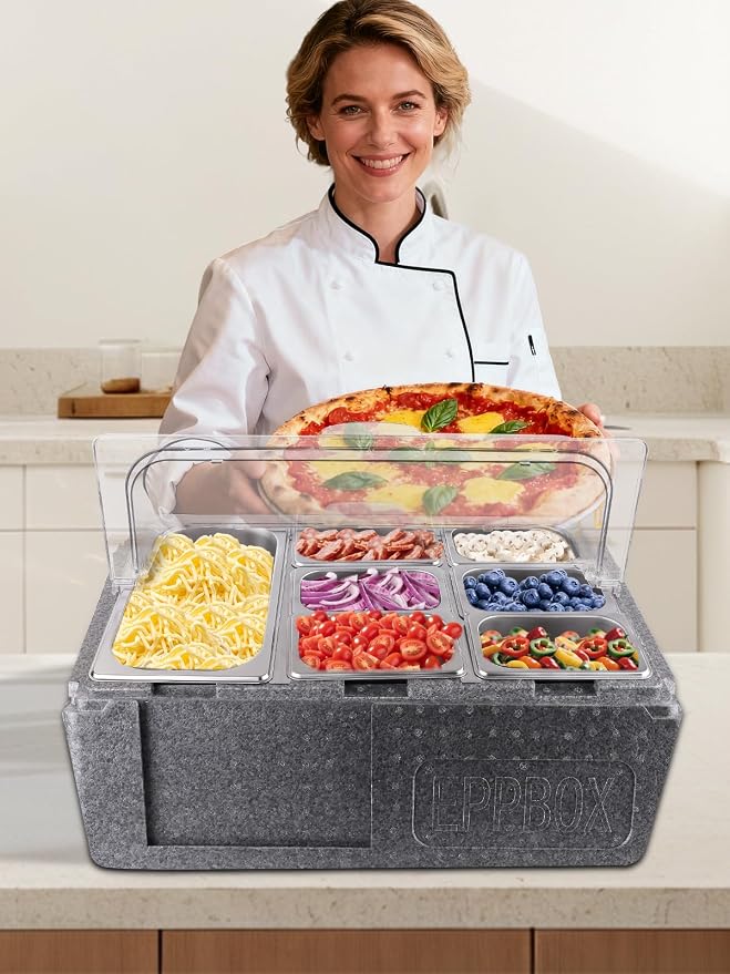 Pizza Topping Station 10 Pans Salad Bar Buffet Station Insulated Cold Food Buffet Server with Ice Packs Lids Buffet Containers Set Platter Box for Party Buffet Keeping Food Cold