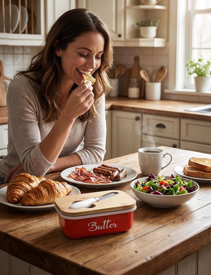 Butter Dish, Butter Dish with Lid for Countertop,Metal Butter Keeper with Stainless Steel Multipurpose Butter Knife, Large Butter Container with quality Silicone Good Kitchen Gift,Red