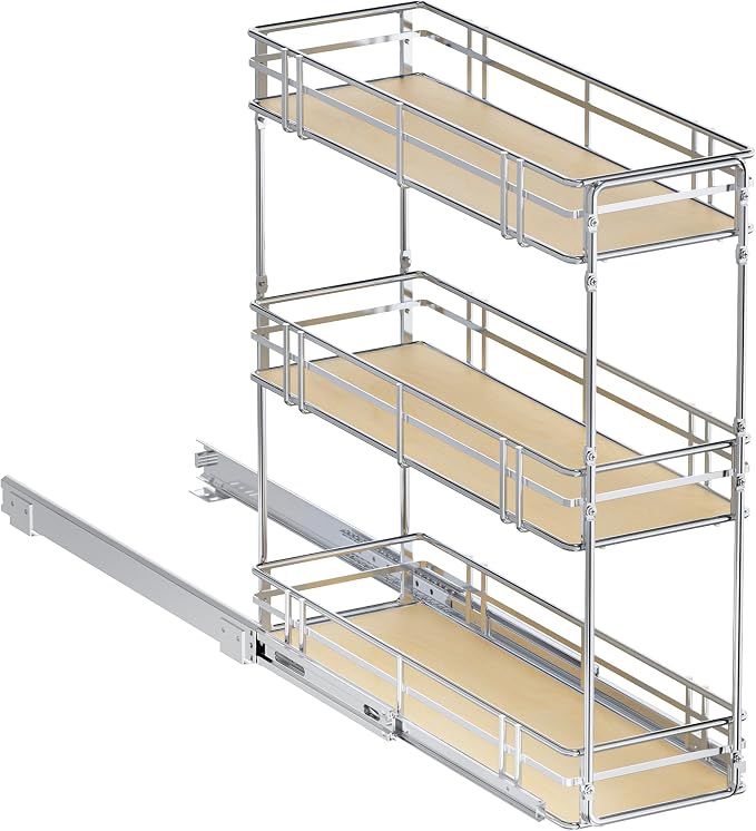 8" W x 20.5" D 3-Tier Pull Out Spice Rack Organizer, Solid Wood Base Slide Out Cabinet Shelf for Narrow Kitchen Cabinets, Chrome Pantry Storage