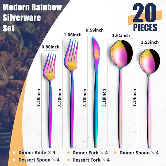 20 Piece Rainbow Silverware Set,Stainless Steel Flatware Cutlery Set Service for 4,Forks Spoons Knives,Kitchen Utensil Set,Tableware for Home and Restaurant, Dishwasher Safe