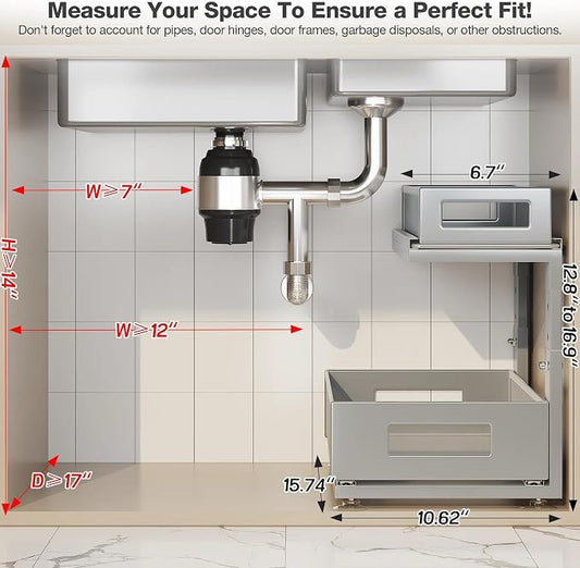 1 Pack 15.74IN-Depth Under Sink Organizer With Next-Gen Ball-Bearing Slides,2-Tier Pull Out Cabinet Storage,Height Adjustable Drawer Shelf for Bathroom,Kitchen,Laundry,Cabinet,Pantry-Gun Gray