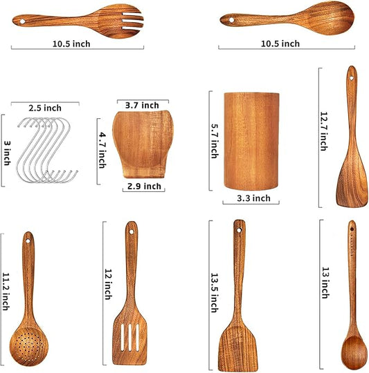 Wooden Spoons for Cooking, 9Pcs Natural Teak Wooden Utensils for Cooking Wooden Kitchen Utensils Set and Holde Cooking Utensils Set(9 Pcs)
