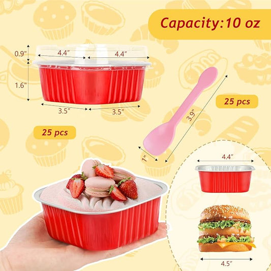 LNYZQUS 10oz Mini Cake Tins with Lids 25 Pack,4” Small Foil Muffin Pans Individual Baking Cups for Brownies, Disposable Cupcake Containers Bread Holders for Christmas Baking Gifts-Red