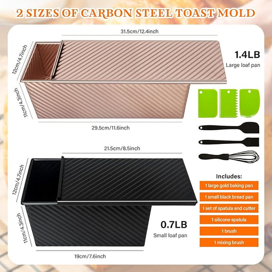 Pullman Loaf Pan Set with Lids โ 2 Pack Nonstick Bread Pans for Baking, 2.2lb & 1lb Dough Capacity, Carbon Steel Sandwich Toast Mold for Shokupan, Pain de Mie & Sourdough with Baking Tools