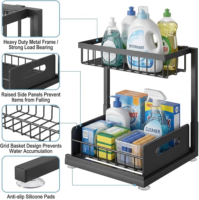 Under-Sink Storage Organizer (2-Pack) — Double-Tier Pull-Out Cabinet Organizer with Sliding Drawers ,Heavy-Duty & Versatile Storage Rack for Kitchen, Bathroom, and Pantry,Black