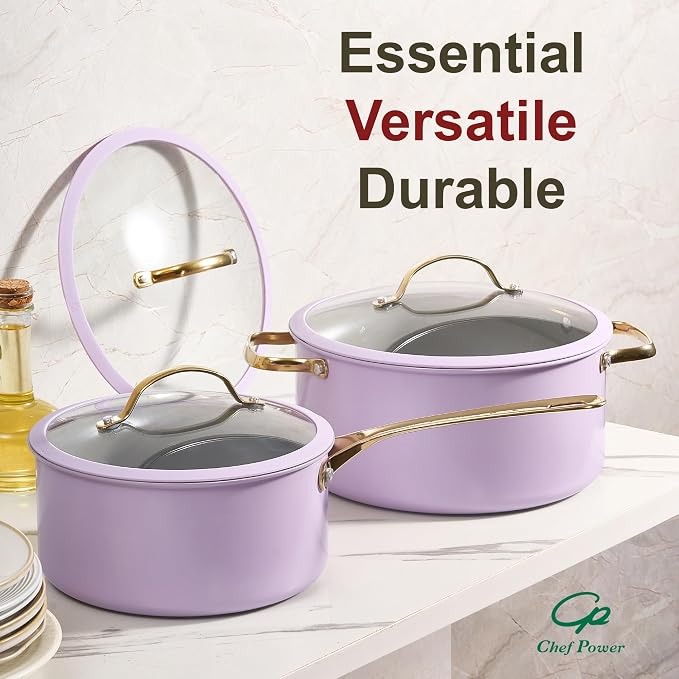 Chef Power Ceramic Cookware Sets, Pots and Pans Set Non Stick, Cookware Set with Stainless Steel Handle, Dishwasher & Oven Safe Purple 15Pcs Set