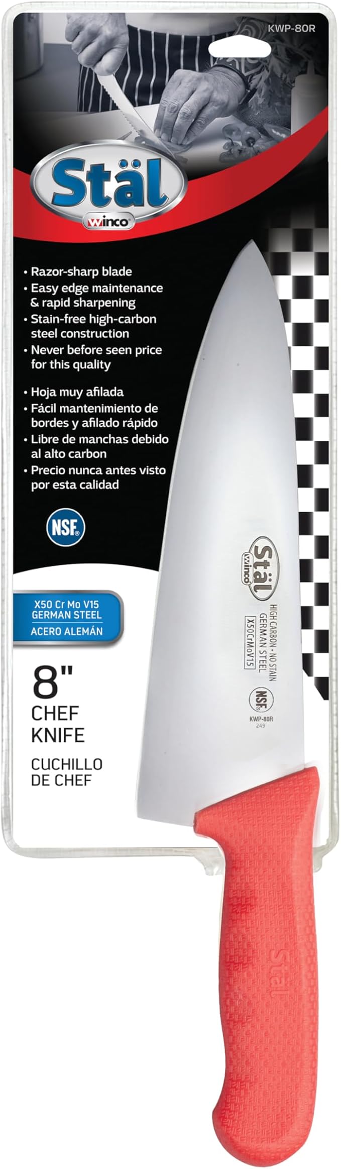 Winco 8" Commercial-Grade Chef's Knife with German Steel Blade, Red