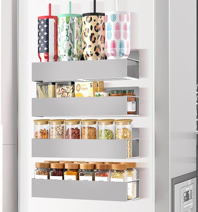 SMRCAD Magnetic Spice Rack for Refrigerator Seasoning Organizer for Spice Fridge Shelf storage Magnetic Shelf with Hook for Oven (GREY, 4pack)