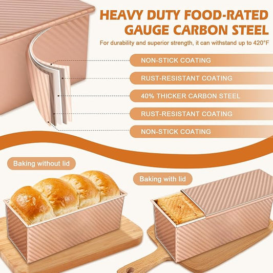 2Pack Large Bread Pan with Lids – 2.2LB Dough Capacity, Non-Stick Carbon Steel Bread Pans for Homemade Sandwich and Sourdough Bread, Corrugated Toast Mold(Gold)