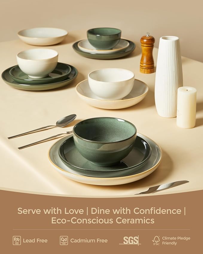 Pokini Plates and Bowls Sets for 8, 24 Piece Dinnerware Set for Large Families & Entertaining, Elegant Design, Dishwasher & Microwave Safe, Chip Resistant and Durable, Yellow White