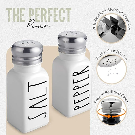 White Salt and Pepper Shakers Set by Brighter Barns - Neutral Minimalist Kitchen Decor - Modern Farmhouse Kitchen Decor - Cute Glass Shakers for Home Restaurants Weddings & Stainless Steel Lid (White)