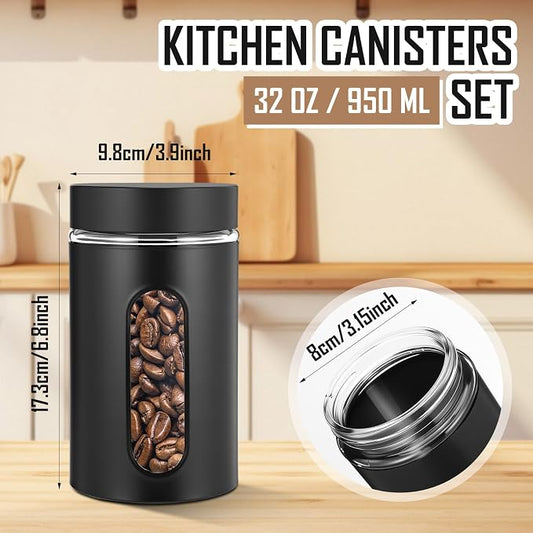 Mimorou 3 Pcs Stainless Steel Canister Set with Glass Windows Visible Storage Jars Silver Kitchen Canister Set for Pasta Flour Oat Sugar Container, Kitchen Tools, Housewarming Gifts(Black,32 oz)