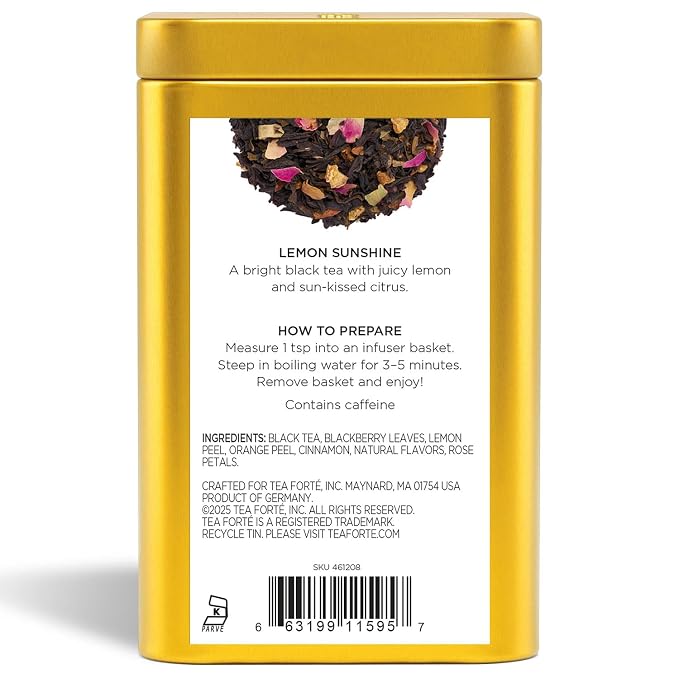 Tea Forte Lemon Sunshine Premium Loose Leaf Caffeinated Black Tea Blend Canister, Makes 35-50 Cups