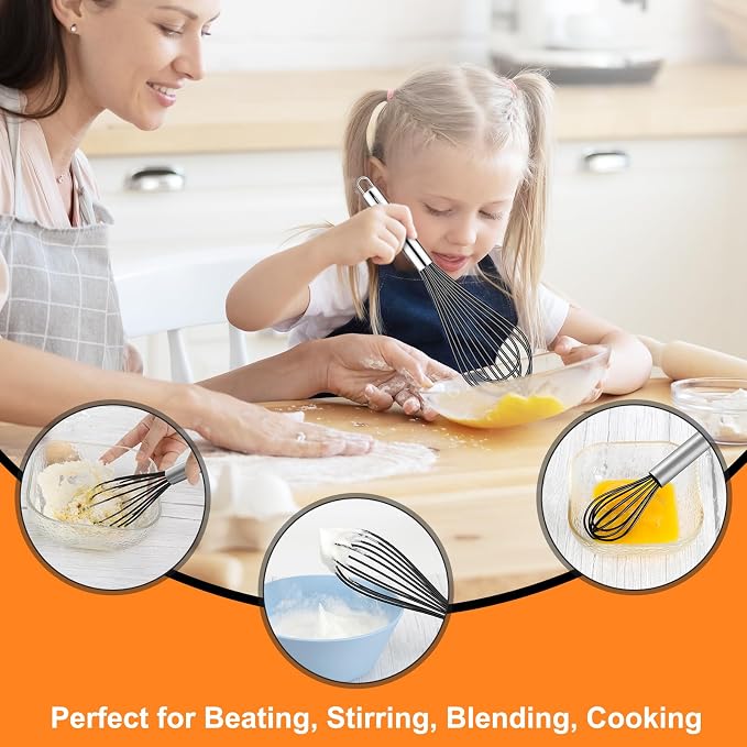 HOTEC 4 Pieces Silicone Whisks Set, Wire Balloon Whisks for cooking Egg Beater, Non-slip Handle Whisk for Non-stick Cookware Perfect for Cooking, Stirring, Beating and Blending,Black