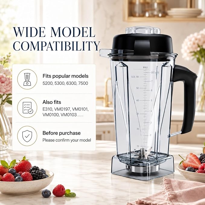 Nikkar Blender Pitcher 64oz Replacement Pitcher Compatible with 5200 6300 5000 VM0101 VM0102 VM0103 VM0197 6000 Classic/Explorian/Commercial Blender Cup