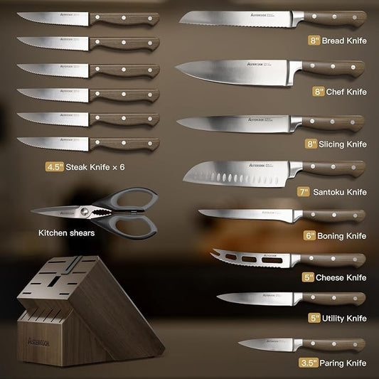 Astercook 17-Piece Knife Block Set with Built-in Sharpener, German Stainless Steel Full Tang Kitchen Knives, Ergonomic Walnut Handle Cutlery Set for Home Cooking & fathers day gift for Dad