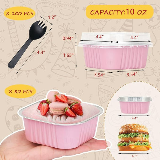 LNYZQUS 10oz/80pack Mini Cake Foil Pans with Lids, 4โx4โ Large Cupcake Pan Disposable Ramekins,Small Brownie Baking Cups Square Muffin Tin Cheesecake Containers Holders-Pink
